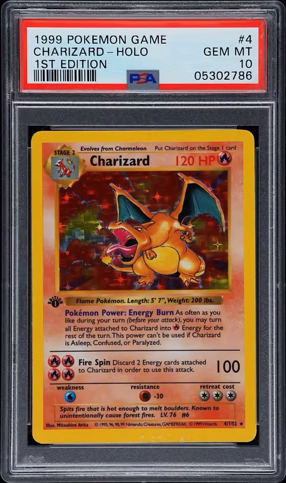 1999 Pokémon 1st Edition Charizard holo card, graded PSA Gem Mint 10